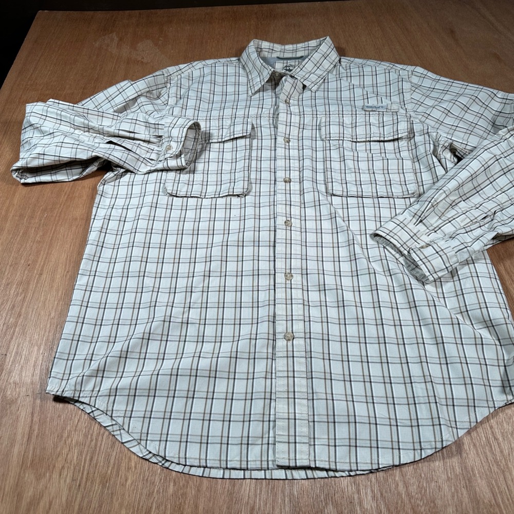 Timberland Button Down Shirt Mens Large Beige Plaid Long Sleeve Hiking Utility